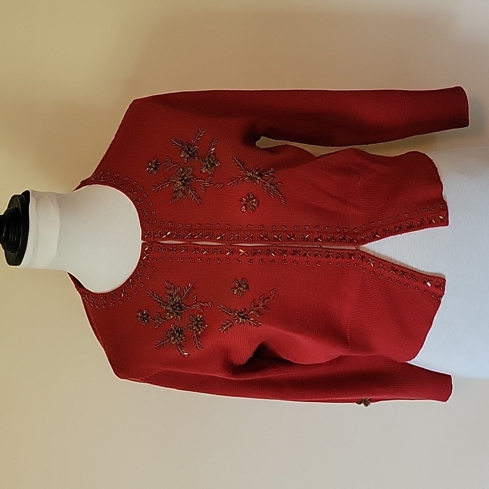 Bandolino beaded round neck cardigan,  medium in brick red/ brown beading